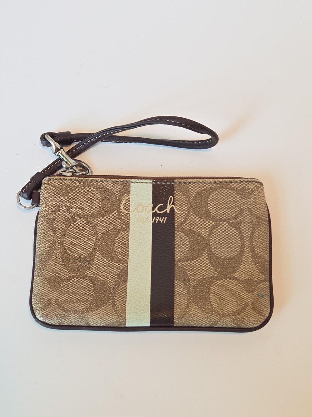 Coach F58035 Signature PVC Leather Corner Zip Wristlet - Beige Mid Stripe
